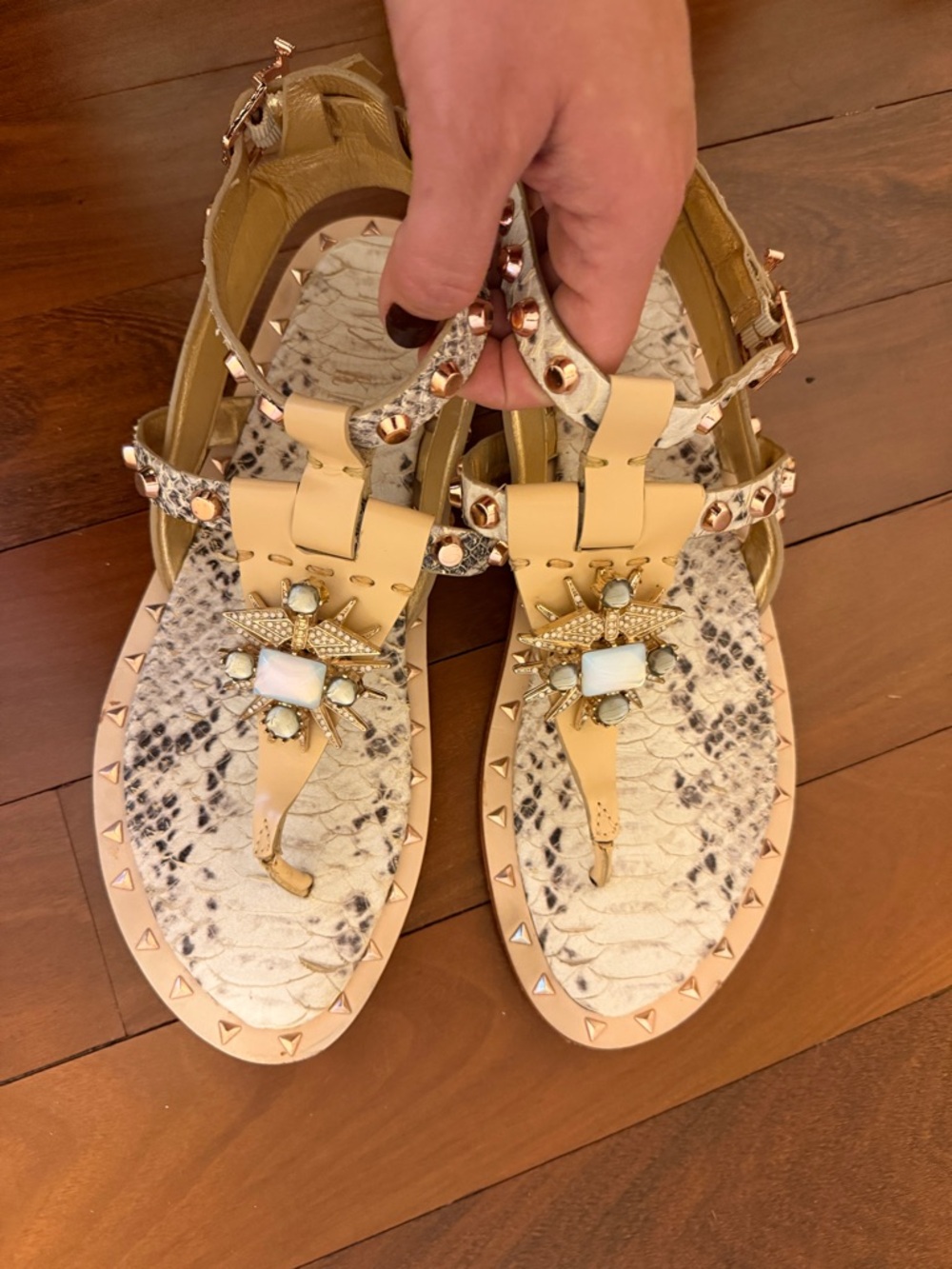 Ivy Kirzhner Tan Jeweled Snake-Print Thong Sandals - Picture 4 of 4